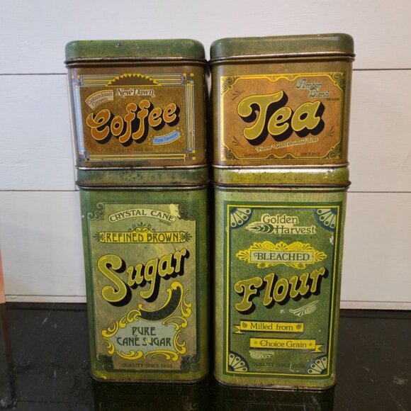 Retro Kitchen Tin Canister Set Coffee, Tea, Sugar & Flour Tins Vintage 1970s Sty - Picture 7 of 16